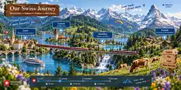 Cinematic illustrated Swiss journey through the Alps, with lakes, mountains, villages and a red train
